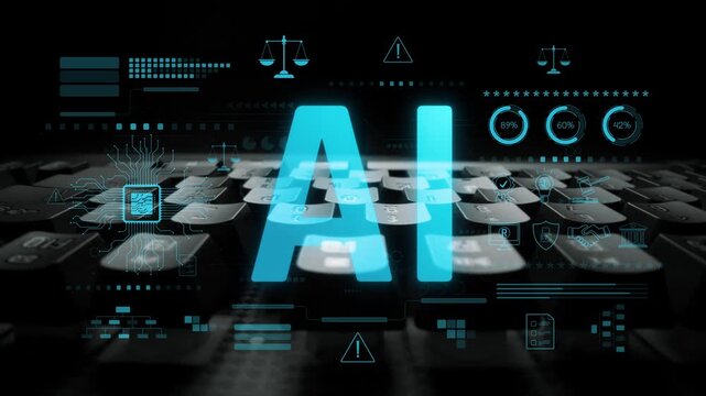 AI circuit microchip with glowing blue lines, surrounded by legal scales, warning symbols, data sheets, and binary codes, representing ethical AI, AI governance, and data integrity Marrow