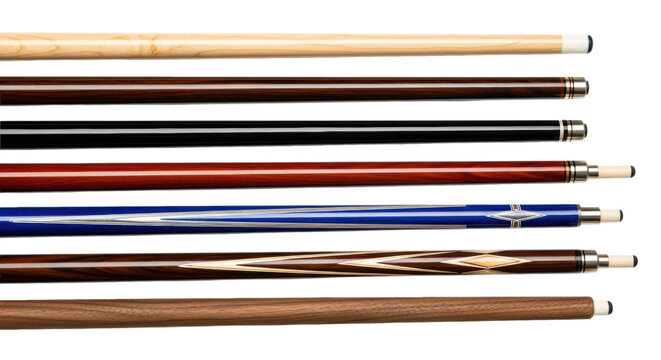 Six luxurious, detailed wooden billiard cues (maple, ebony, cherry, purple finishes) arranged parallel in a horizontal flat-lay, isolated on a transparent high-key background. Concept of professional