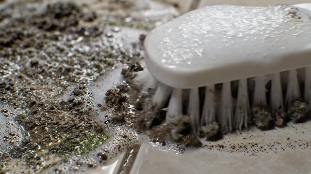 A macro shot of a white plastic cleaning brush scrubbing away thick dirt and grime with the help of soapy white foam. This asset is designed for industrial cleaning, home renovation, and deep-cleaning