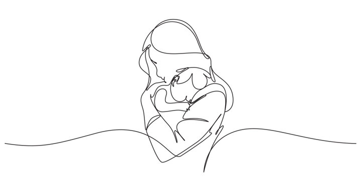 Happy Mother's Day card. Woman holding baby in one line style. Vector illustration, Continuous line, pregnant woman, mother's day, pregnancy. one line drawing vector illustration