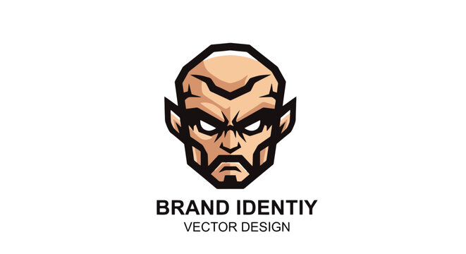 Aggressive bald man head logo with pointed ears and beard, vector design for brand identity.