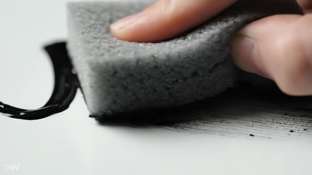 A close-up video showing a hand using a grey cleaning sponge to efficiently wipe away thick, glossy black ink letters written on a smooth white board. Ideal for household cleaning product ads, whitebo