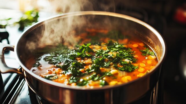 Hot savory vegetable soup simmering in a shiny metal pot with fresh green herbs on top