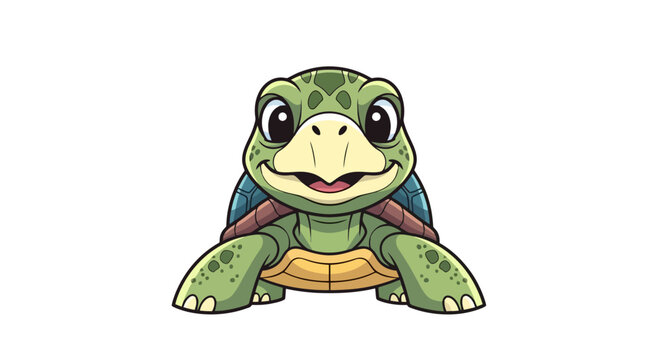 A charming and friendly cartoon green turtle with a big smile and expressive eyes, facing forward on a white background, showcasing its vibrant shell.
