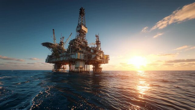 Offshore oil rig platform operating in open sea at golden hour, extracting oil and gas from deepwater reservoirs industrial energy infrastructure against dramatic sky and waves