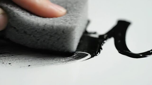 A detailed macro shot showing a grey sponge wiping away a layer of black paint or grime from a clean white surface. This asset is designed for household cleaning product commercials, automotive detail