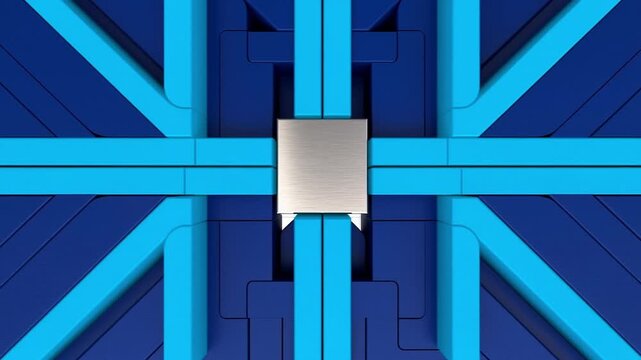紺色のパズル基盤と中央に嵌合する白金チップおよびシアン回路の真俯瞰映像