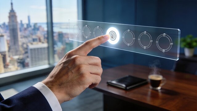 Businessman hand interacting with futuristic holographic touchscreen interface in modern office with city view digital innovation concept for smart technology and virtual reality