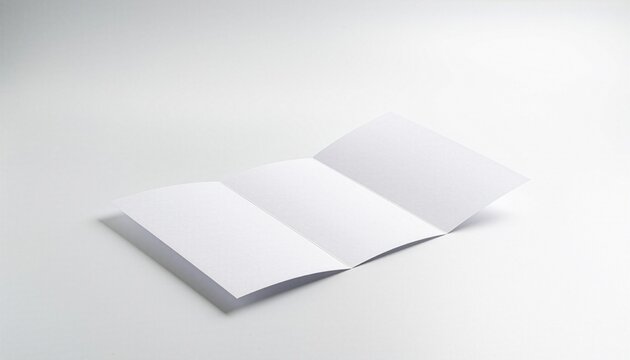 Blank white tri-fold brochure mockup on white background with soft shadows　柔らかな影がある白背景の空白の三つ折りパンフレット