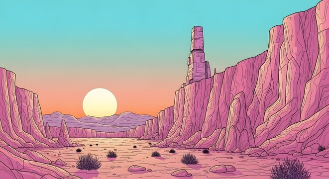 Retro sci-fi desert canyon at sunset. Futuristic exploration and vintage comic style. High tech tower standing on pink cliffs under a large setting sun in a barren wasteland.