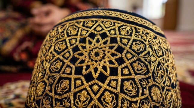Traditional Islamic Prayer Cap Kufi with Gold Embroidery Pattern on Burgundy Fabric
