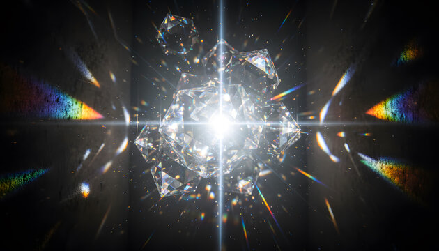 Crystal Prisms Refracting White Light into Rainbow Spectrum with Brilliant Starburst Effect on Black Background