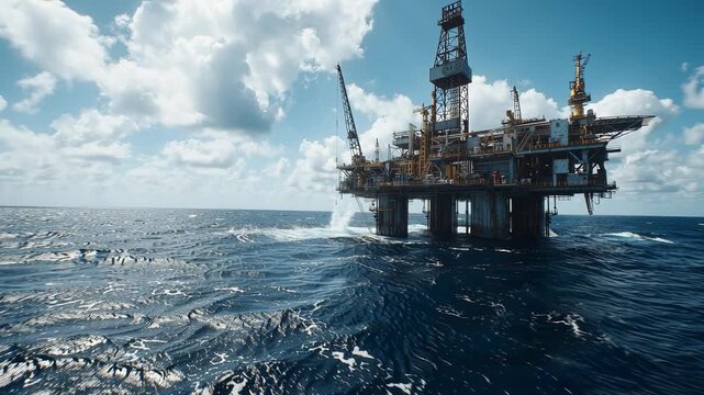 Offshore drilling platform producing oil and gas from deep sea, symbolizing energy industry, fossil fuel extraction, and global resource development on a sunny day