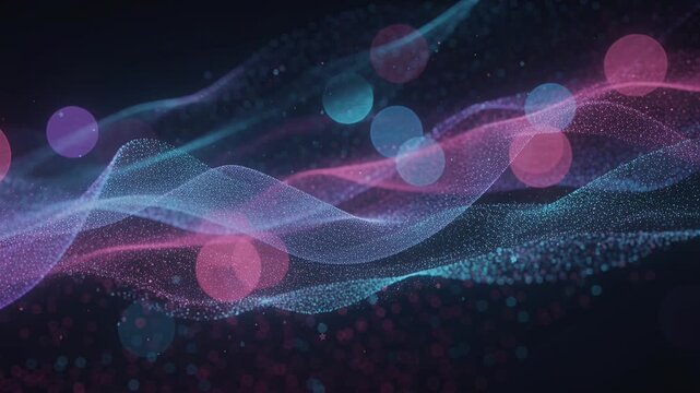 abstract neon particles flowing bokeh waves in dark blue and pink