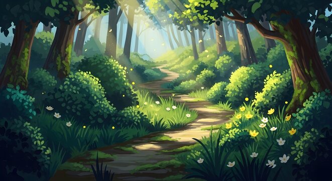 Enchanted forest path with sunbeams. Magical woodland exploration and serenity. Winding dirt road through lush green trees and wildflowers under bright sunlight rays.