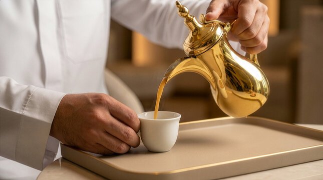 Saudi hand pouring Arabic coffee from golden dallah into white cup hospitality scene