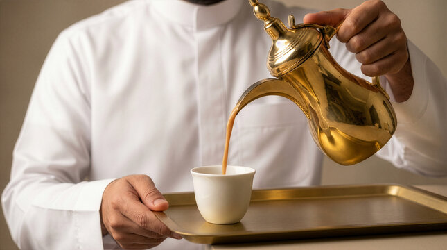 Saudi hand pouring Arabic coffee from golden dallah into white cup hospitality scene