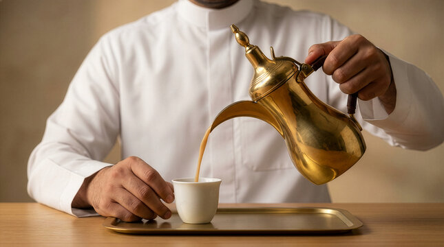 Saudi hand pouring Arabic coffee from golden dallah into white cup hospitality scene