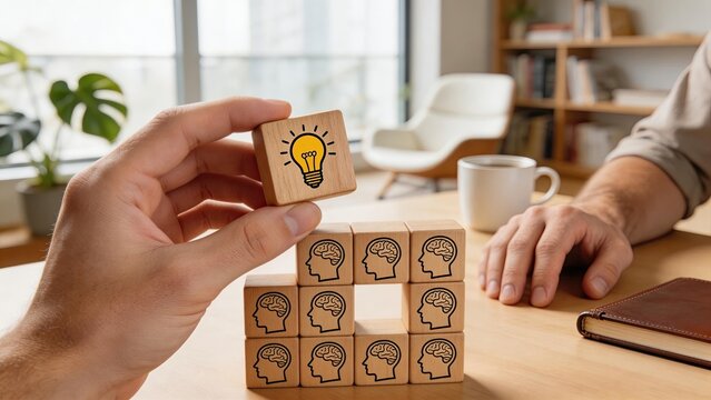 Businessman hand holding wooden block with light bulb icon stacking blocks with brain icons on office table creative idea innovation brainstorming problem solving strategy startup