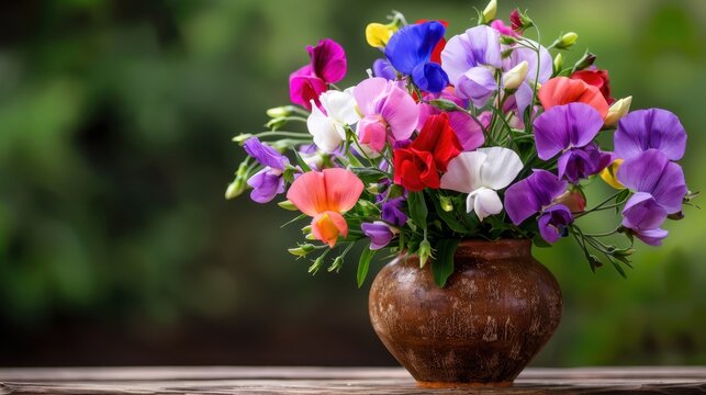 Beautiful ceramic vase filled with vibrant sweet pea flowers in a lush garden setting captured during the golden hour of sunset