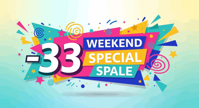 Weekend Special Sale -33% Off Discount Banner with Colorful Abstract Geometric Shapes and Confetti