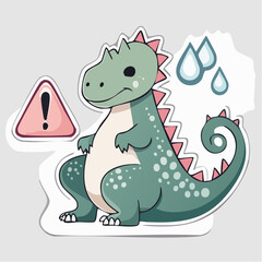 Naklejka premium Cute Cartoon Dinosaur with Warning Sign and Raindrops