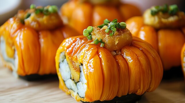 Close up of delicious pumpkin shaped sushi rolls topped with fresh green onions and savory roe