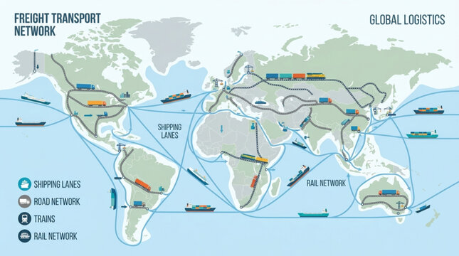 Global Freight Transport Network Map Showing Logistics Routes.