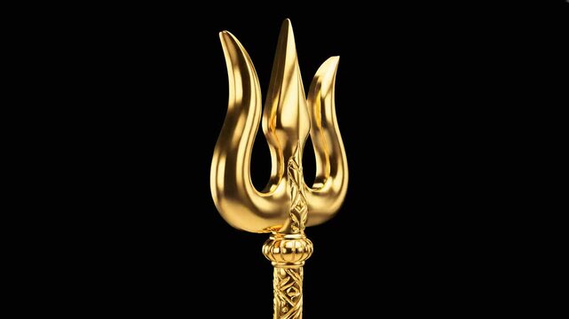 A professional 3D animation of a majestic golden trident with intricate engravings on the handle, rotating smoothly in the air. Set against a solid black background, this mystical weapon is perfect fo