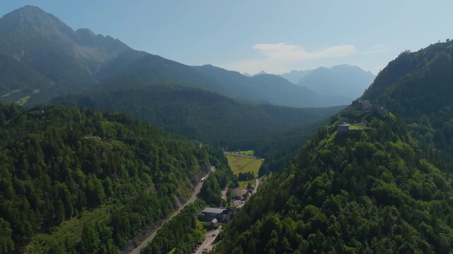 Drone view of Ehrenberg Castle and Highline 179 suspension bridge with stunning alpine scenery and tourism in Austria Europe