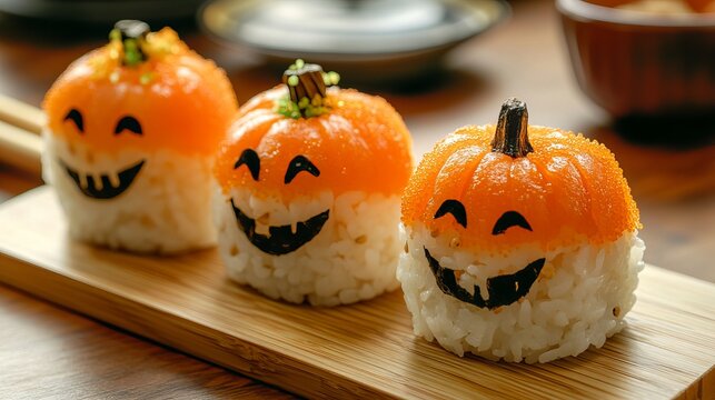 Three creative sushi rolls shaped like festive orange pumpkins with happy smiling carved jack o lantern faces