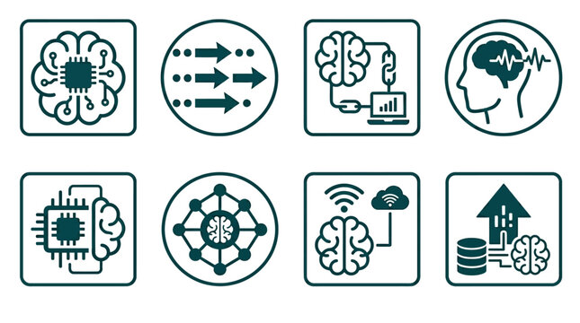 Brain icons with technology symbols.