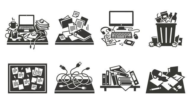 Cluttered office desks with disorganized paperwork.