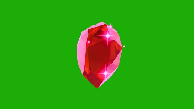 A professional 3D animation of a brilliant-cut red heart-shaped gemstone or ruby with sparkling light flares. Isolated on a chroma key green screen, this luxury asset is perfect for jewelry branding, 