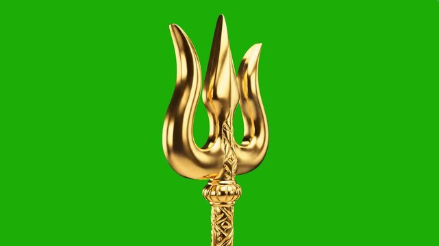 A detailed 3D render of a golden trident tip with ornate carvings, isolated on a chroma key green screen. This mythological weapon asset is intended for fantasy films, historical documentaries, or gam