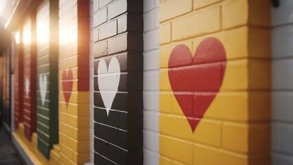 Fototapeta premium Colorful heart murals painted on brick wall columns in urban alley, street art love symbols, city community concept