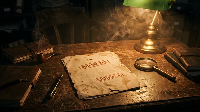 Vintage top secret confidential documents on old wooden detective desk