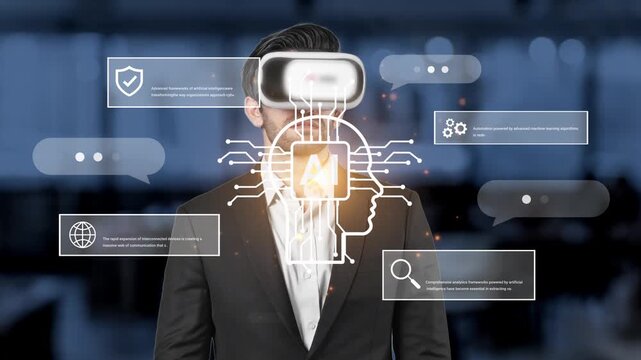 Businessman with Virtual Reality Headset Implementing Digital Technologies to Enhance Communication and Innovation in the Corporate Environment Gluon.