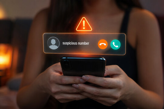 woman holds smartphone displaying holographic suspicious number alert with accept decline buttons, mobile security, scam detection, spam call warning, caller ID protection, cyber fraud, phishing atta