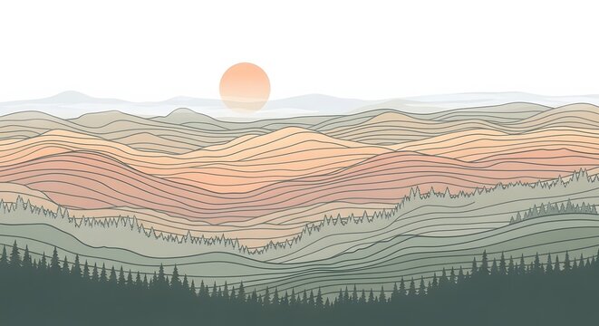 Minimalist mountain range at sunrise. Peaceful nature and morning meditation. Soft layers of hills with a pale orange sun and pine forest foreground