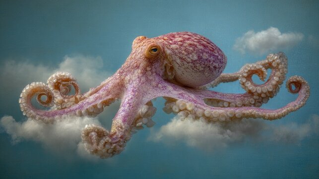 Vibrant octopus floating in a dreamy cloudscape with soft lighting