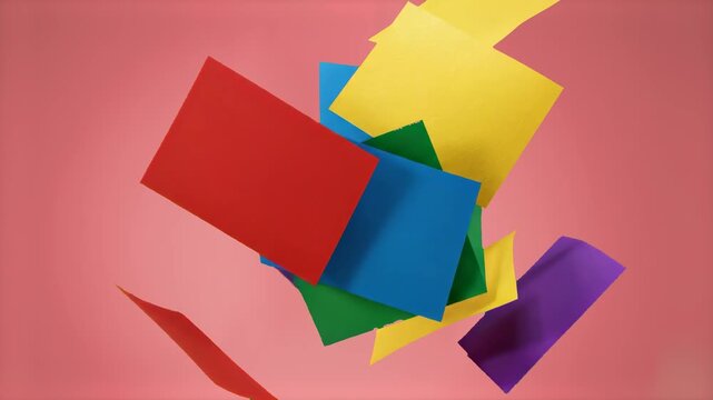 A vibrant 3D studio composition displaying an assortment of colorful square paper memos and sticky notes hovering gracefully in mid-air against a soft pink gradient backdrop. Designed for stationery e