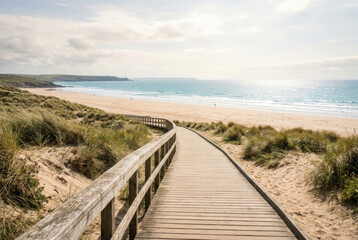 Obraz premium Wooden accessible pathway through coastal dunes leading to a peaceful sandy beach and ocean horizon under soft sunlight.