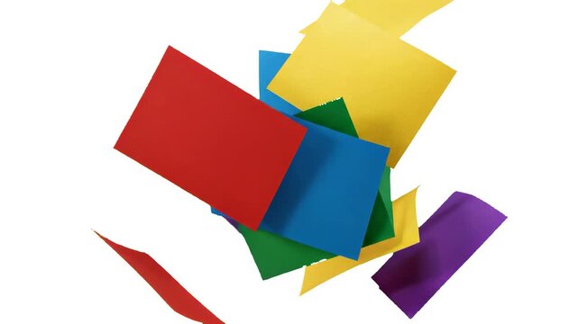 A vibrant 3D animation of red, yellow, blue, and green rectangular paper sheets or cards falling and fluttering through the air. Set against a clean white background, this asset is ideal for school th