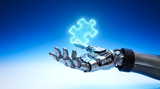 Robotic hand holding a glowing digital puzzle piece representing artificial intelligence problem solving and data integration concepts