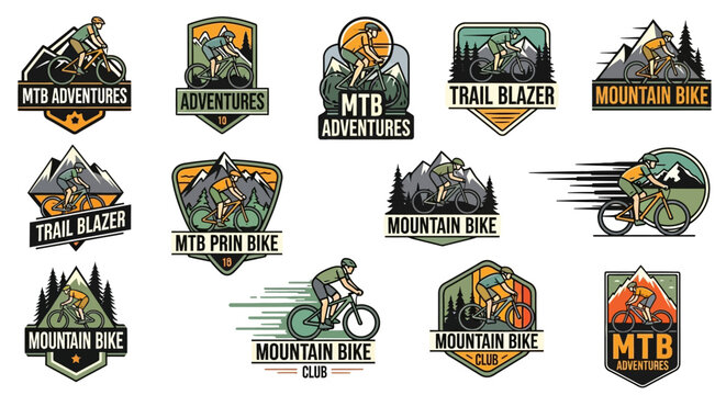 Collection of mountain bike adventure logos.
