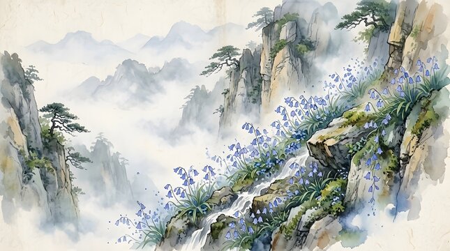 Delicate blue bellflower plants bloom gracefully along the rugged rock face of a steep mountain cliff side while a cascading stream flows gently through the mist between ancient craggy peaks.