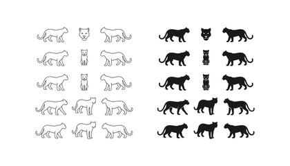 Panther and wild cat silhouette and outline icon set for wildlife and animal design projects © Prism