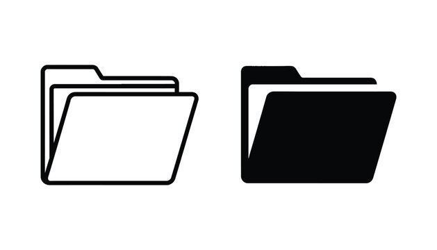 Folder icon set in outline and solid black style for file management and digital storage