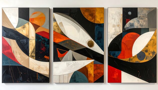 Three abstract paintings hang side-by-side, showcasing geometric shapes and a vibrant color palette against neutral backgrounds